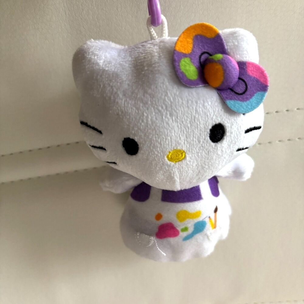 Hello Kitty Artist Painter Plush Clip Keychain 4.5" Sanrio White Purple Cute